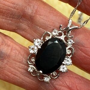 VJ Italy .925 Black Stone Pendant Filigree Rhinestones On 17' Chain